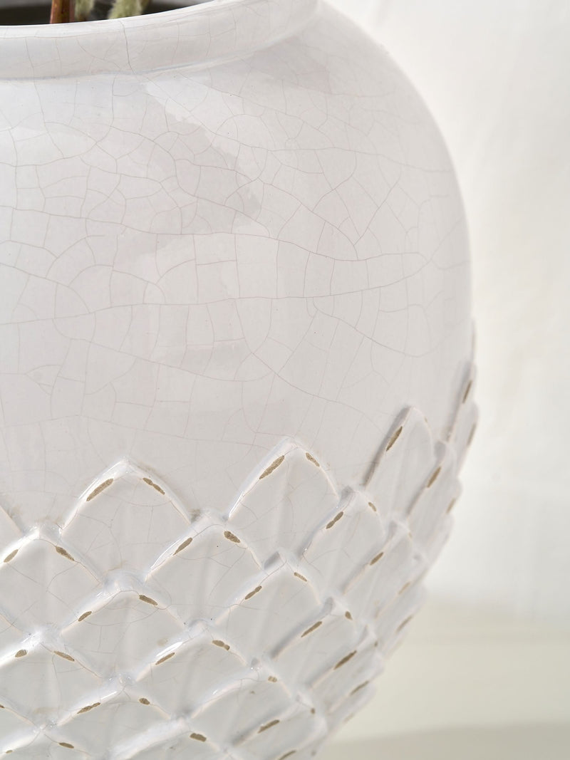 Pacific Lifestyle white leaf detail stoneware vase, imported from the UK