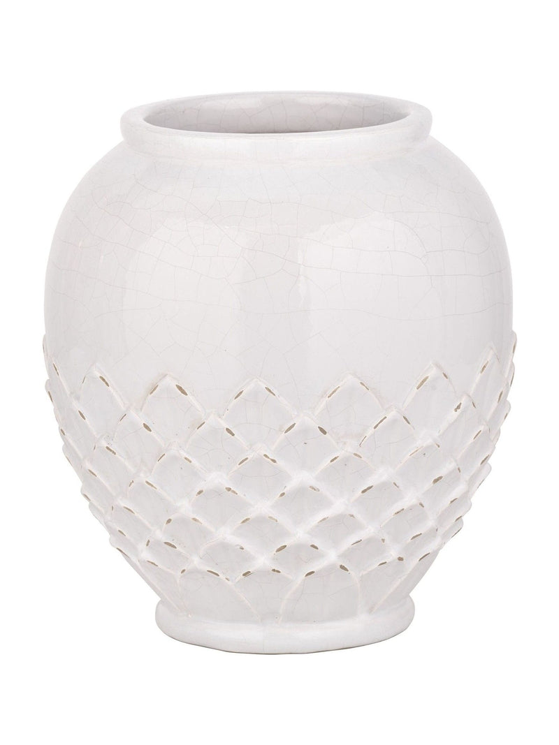 Pacific Lifestyle white leaf detail stoneware vase, imported from the UK