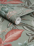 Sage Rainforest Leaves wallpaper sample A4, UK version