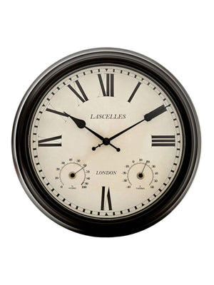 Brookpace Lascelles utendørsklokke i svart metall med temperatur- og fuktighetsmåler 36 cm x 36 cm x 8 cm