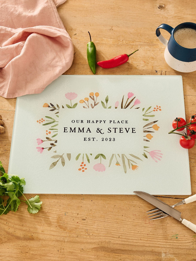 No Ordinary Gift personalised floral glass chopping board 39cm x 29cm, imported from the UK