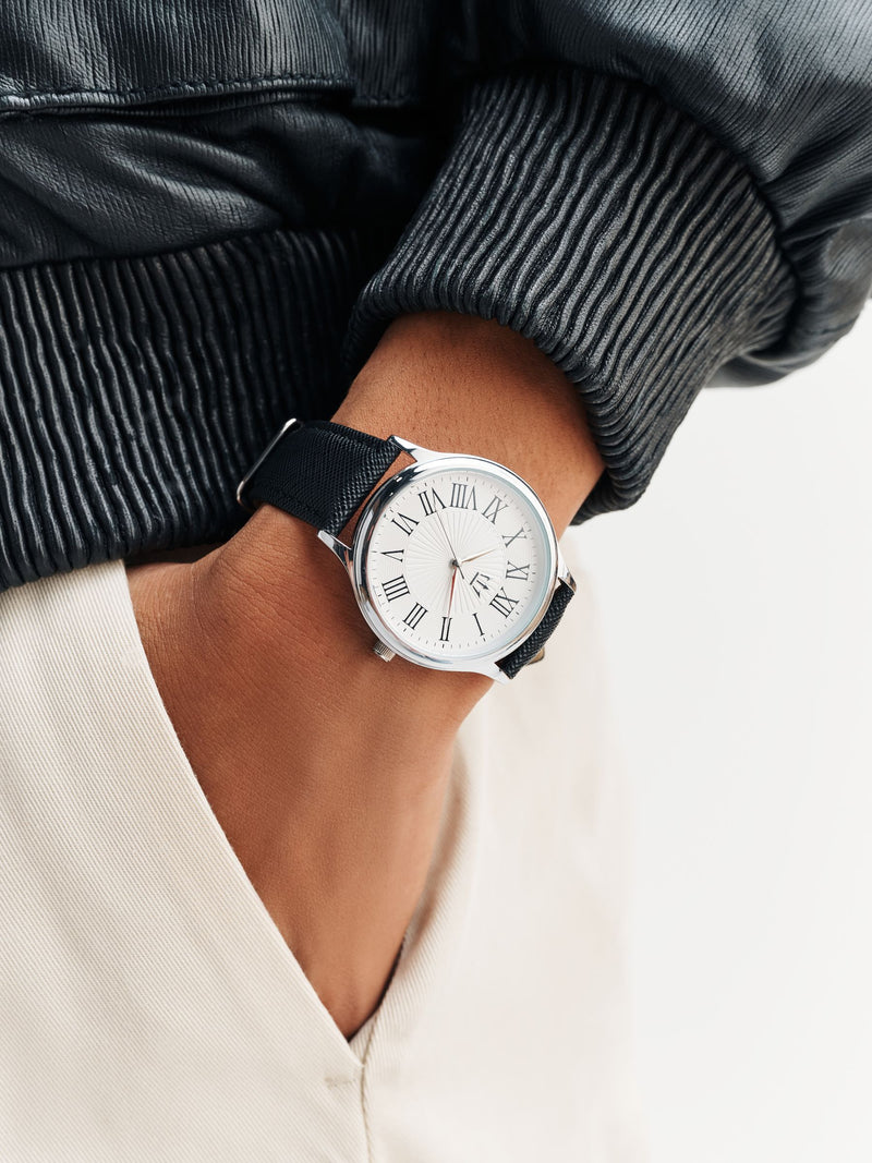 Classic wristwatch with Black/White Saffiano textured strap - British product