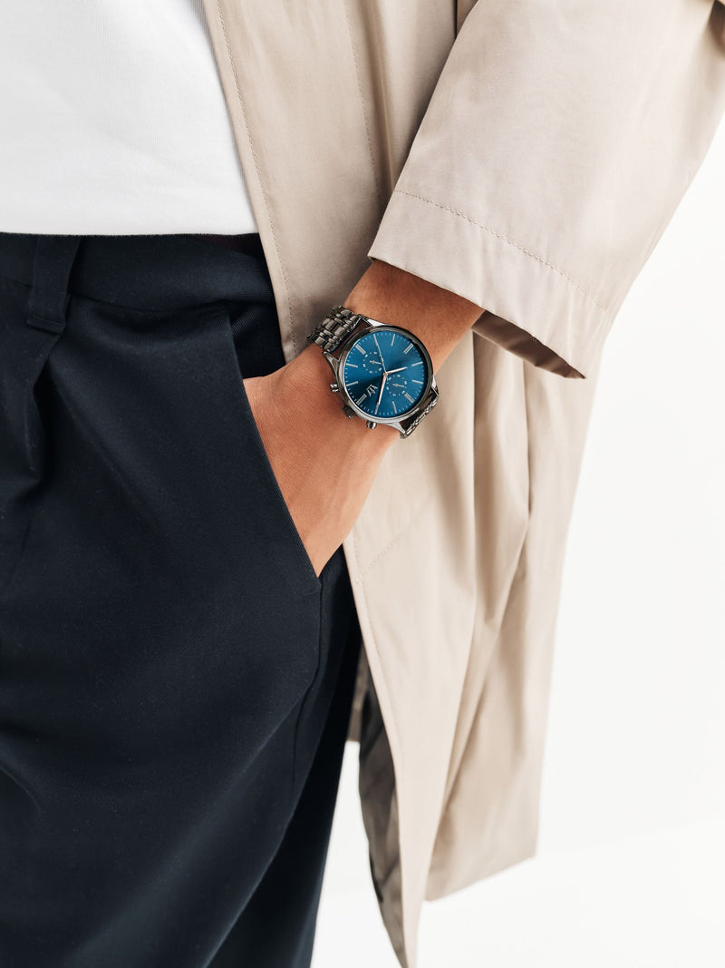 Silver dark blue bracelet chronograph watch (British brand)