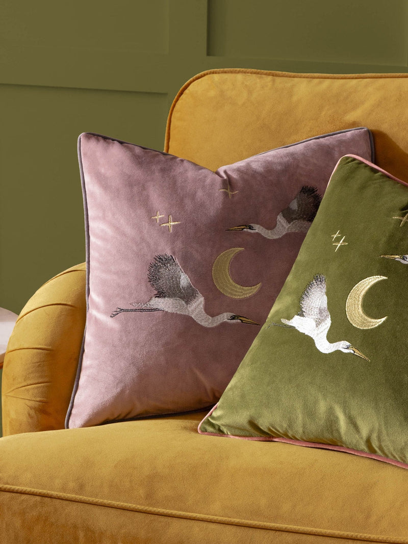 Paoletti Olive Moonlit Flight embroidered cushion 45x45cm - British product