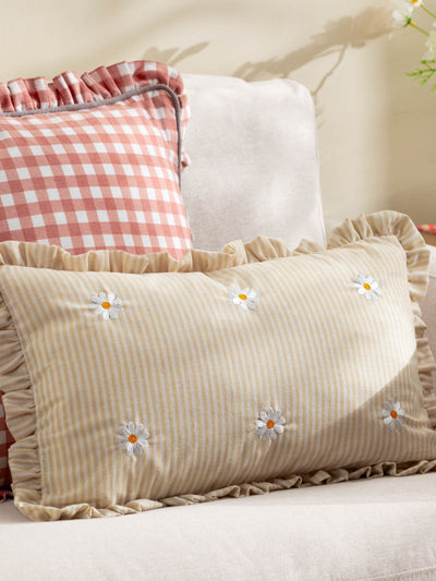 Next Furn Daises Les Fleurs Striped Embroidered Ruffle Cushion - 50cm x 30cm- Buy online at McGrocer