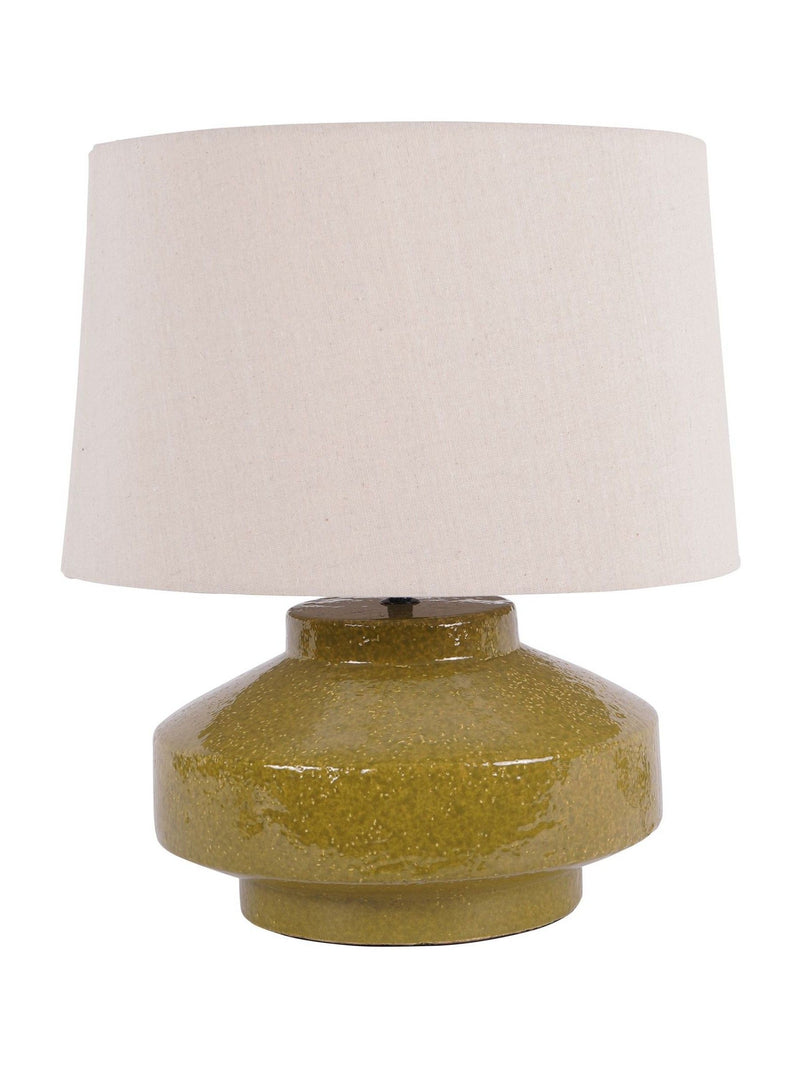 Libra Interiors green table lamp with linen shade, UK version