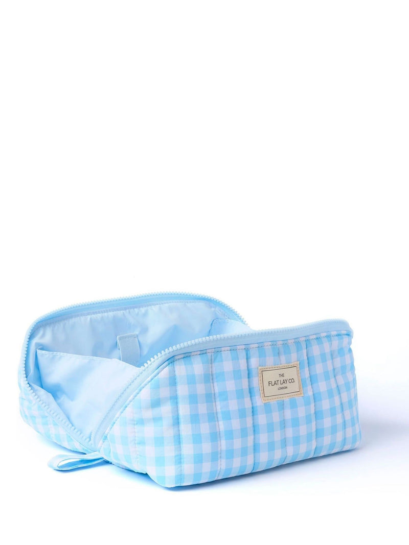 Open Flat Box Makeup Bag with Tray, Zipper Pocket, and Brush Holders