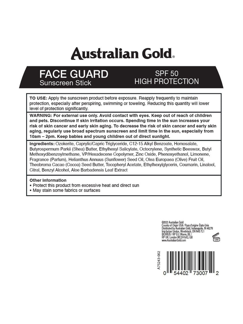 Australian Gold SPF 50 face guard suncream stick - British product