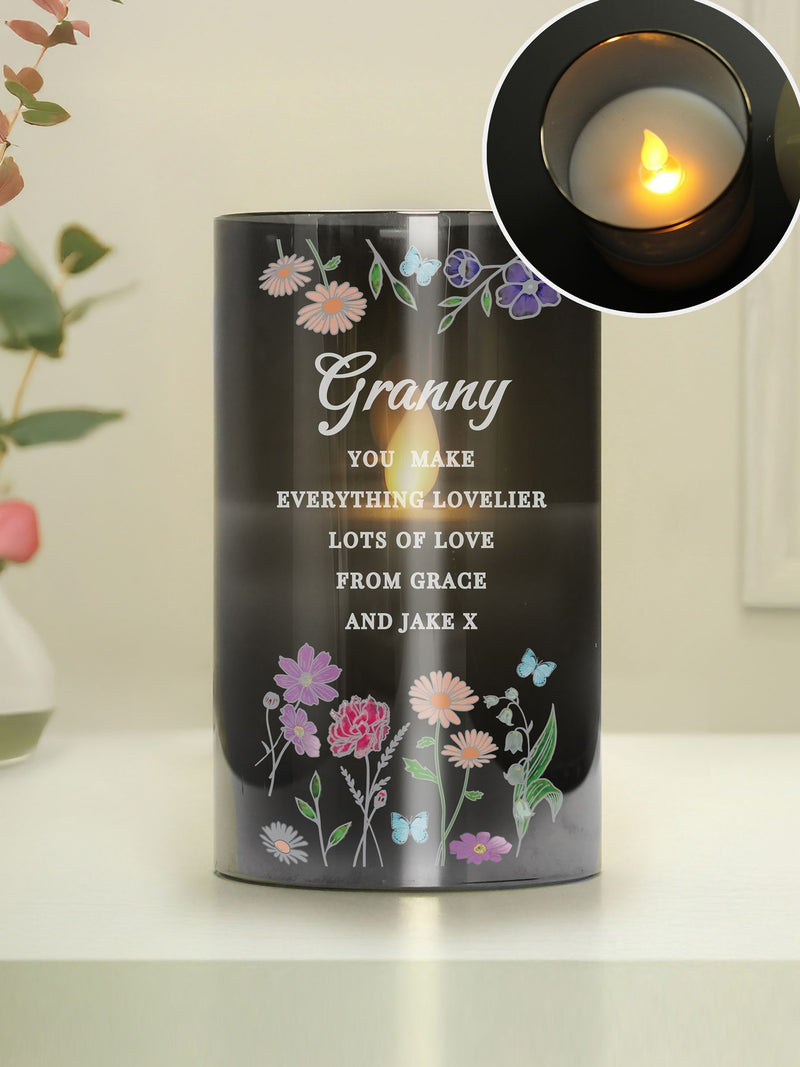 PMC personalised wild flowers LED candle in glass jar, imported from the UK