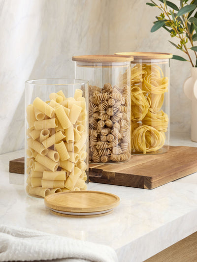 Next Clear Large Glass Storage Jars Set of 3 with Wooden Lid, 21.5cm x 13cm x 13cm- Buy online at McGrocer