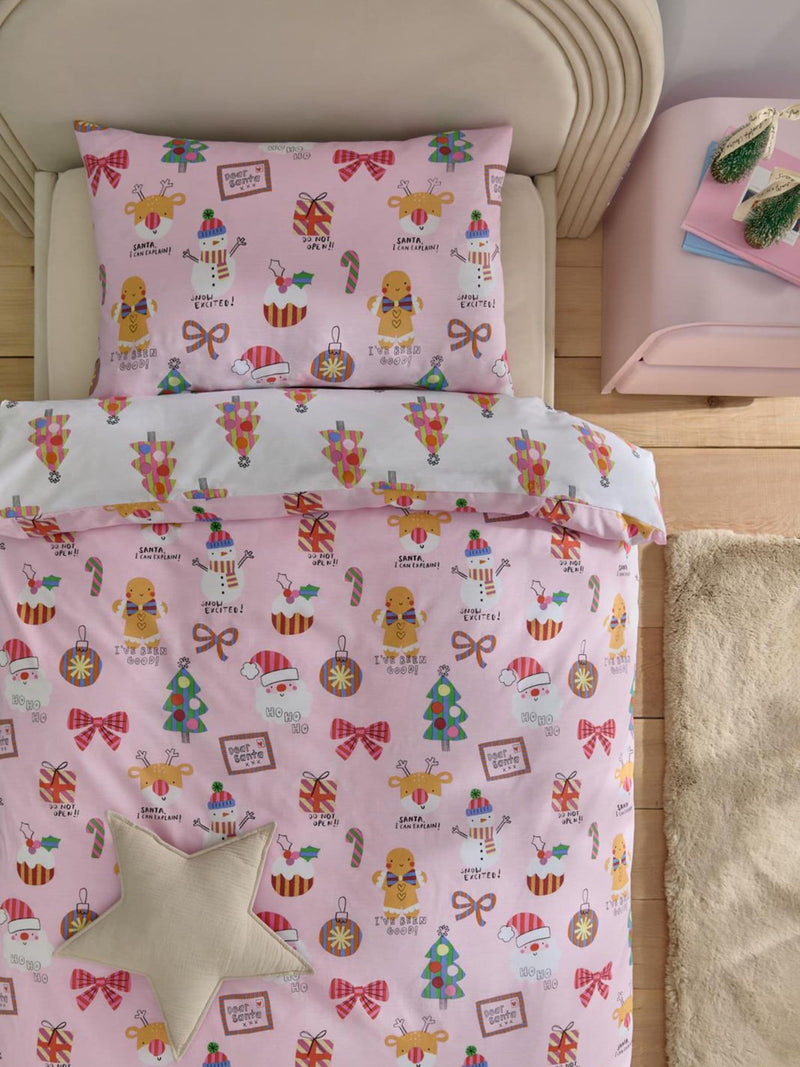 Pink Christmas Duvet Cover and Pillowcase Set (British brand)