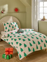 Parure de lit réversible de Noël avec housse de couette et taie d'oreiller, motif sapins blancs et verts