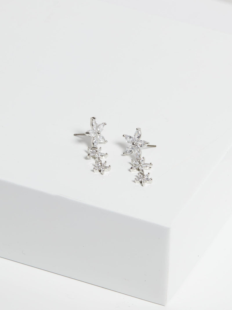 Rhodium Plated Cubic Zirconia Mixed Floral Huggie Earrings 14mm Width 48mm Length
