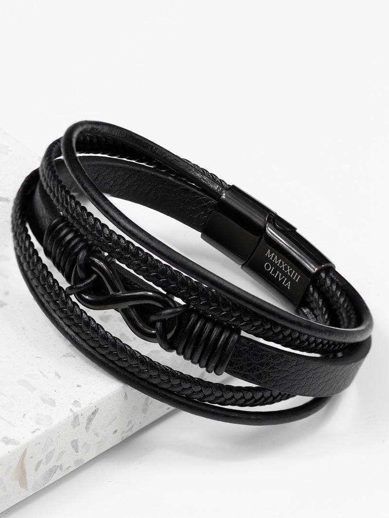 Treat Republic personalised infinity stacked leather black bracelet (British brand)