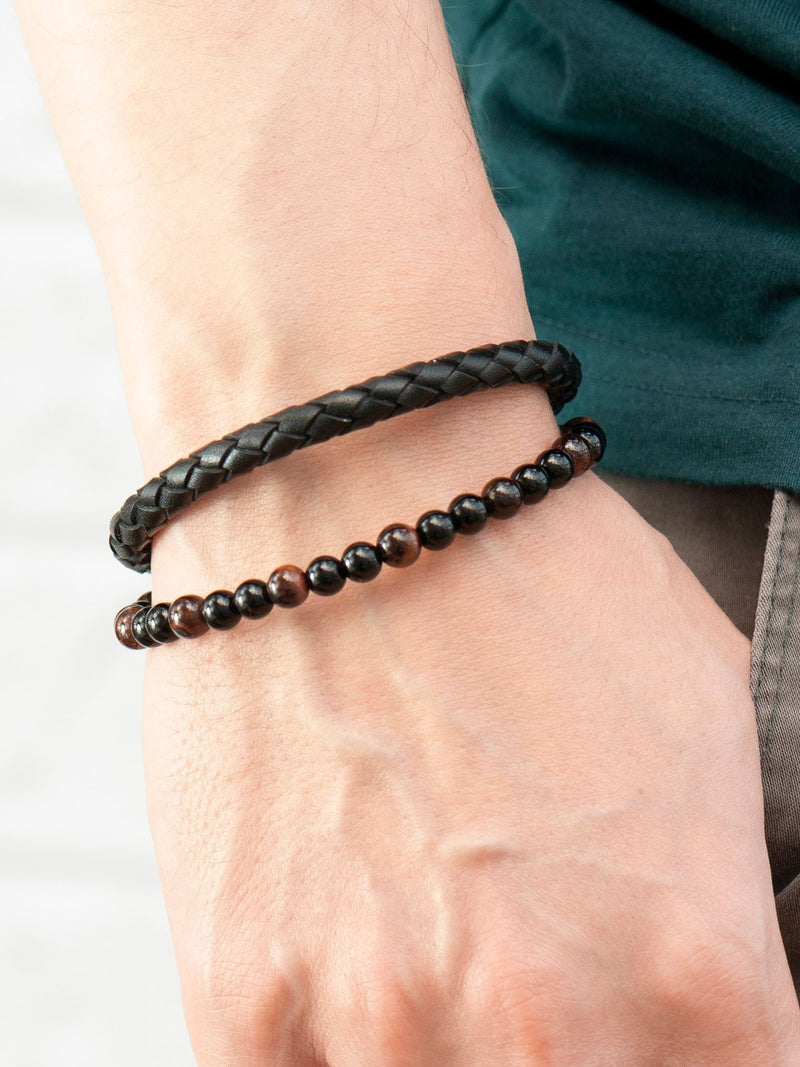 Treat Republic men's personalised Tiger's Eye bead and leather bracelet (British brand)