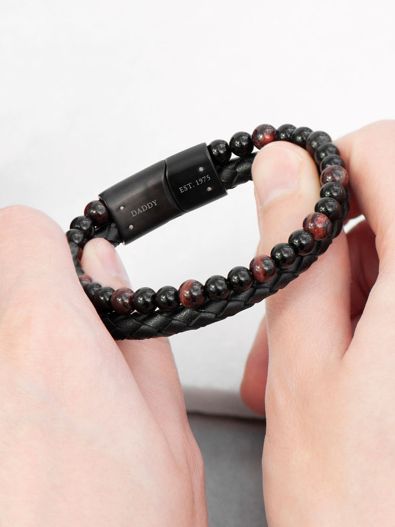Treat Republic men's personalised Tiger's Eye bead and leather bracelet (British brand)