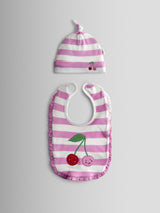 Next JoJo Maman Bébé Pink Cherry Stripe Hat & Bib Set- Buy online at McGrocer