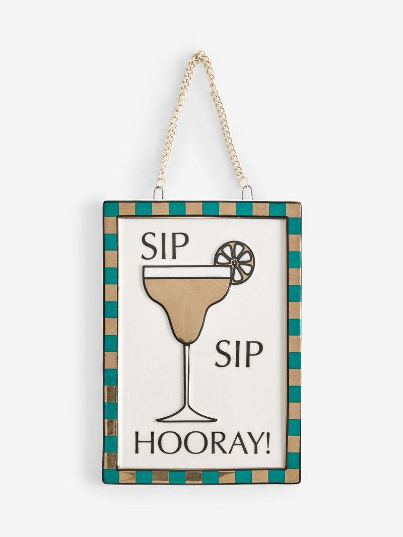 Gold ceramic Sip Sip Hooray hanging decoration (British brand)
