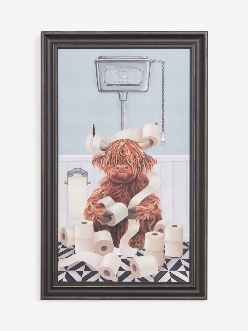 Hamish The Highland Cow On The Loo wall art 40cm x 23cm, imported from the UK