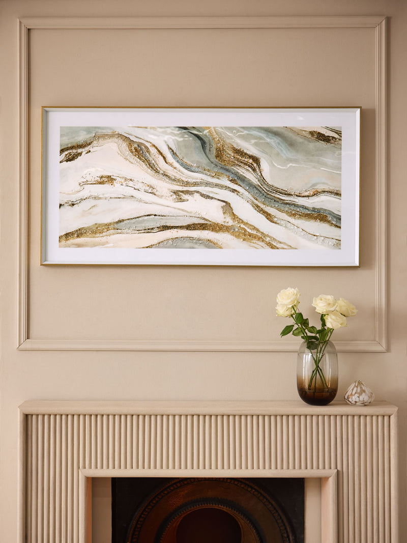 Gold agate wall art in white gloss frame, 60x120cm - British product