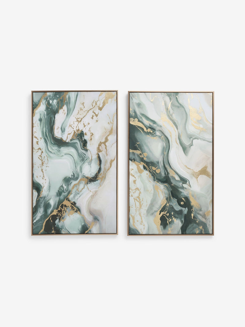 Green marbled abstract wall art set of 2 - British product