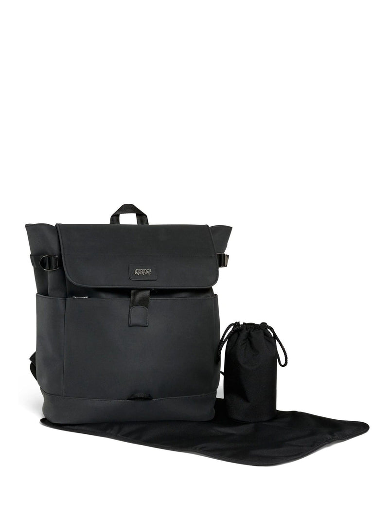 Mamas & Papas black utilitarian changing backpack in leatherette, imported from the UK