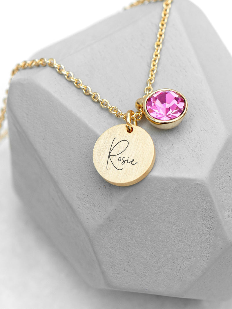 Personalised Birthstone Crystal and Disc Necklace by Treat Republic