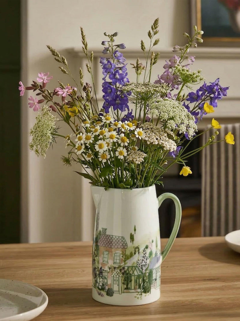 Ceramic jug vase pastel house scene 20cm - British product