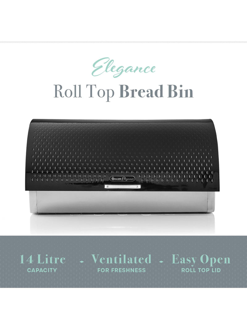 Swan black roll top bread bin 14 litre (British brand)