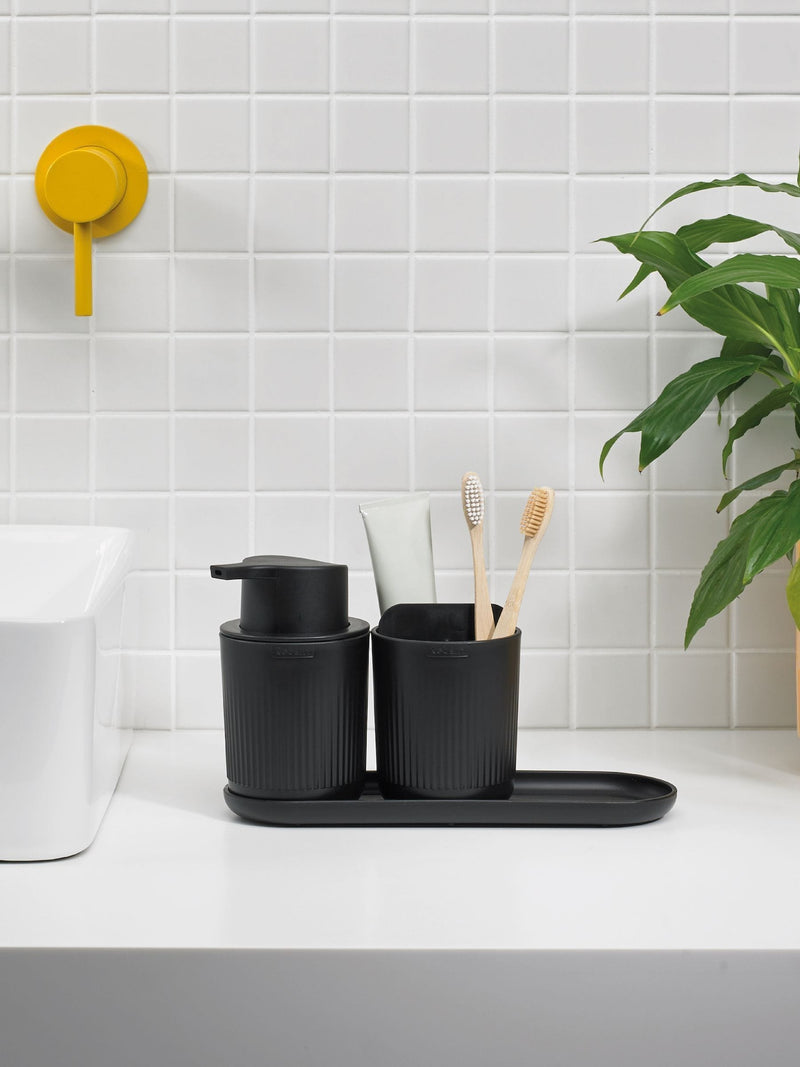 ReBorn Graphite Black toilet brush and soap dispenser bathroom set, imported from the UK