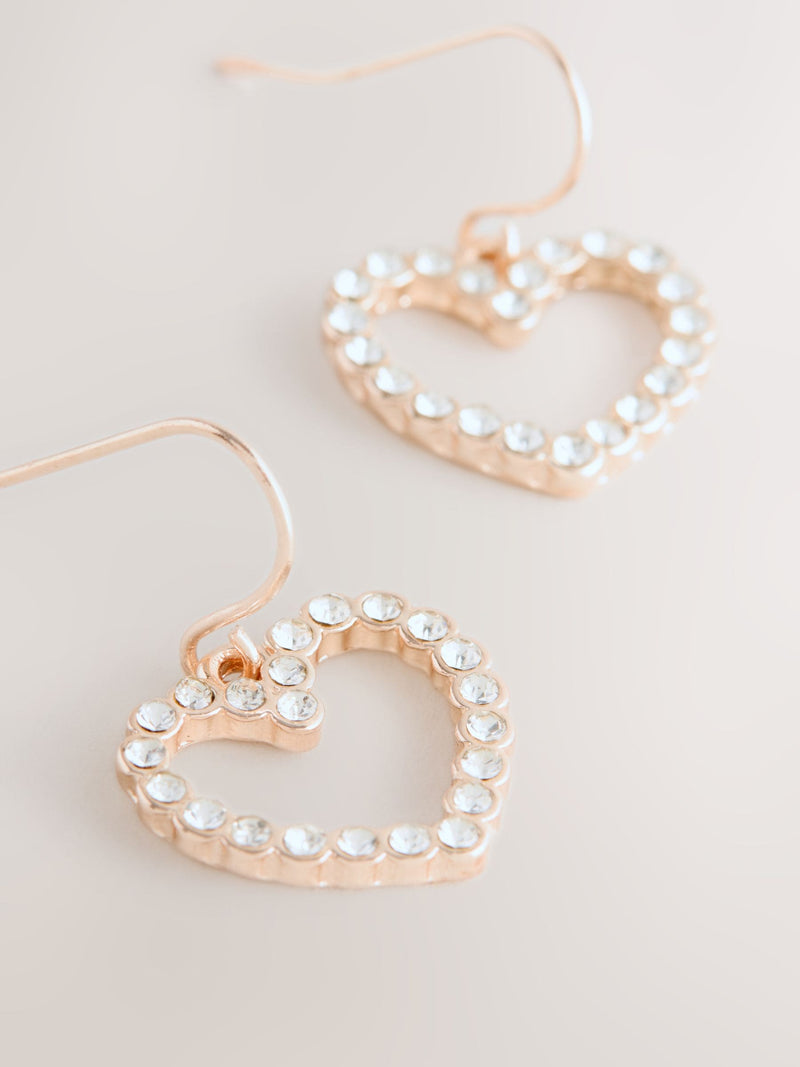 Rose gold tone pavé heart drop earrings, imported from the UK