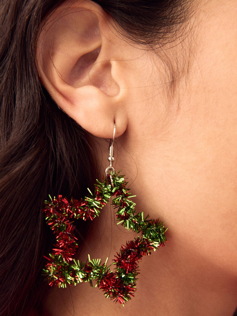 Gold Tone Christmas Tinsel Star Earrings