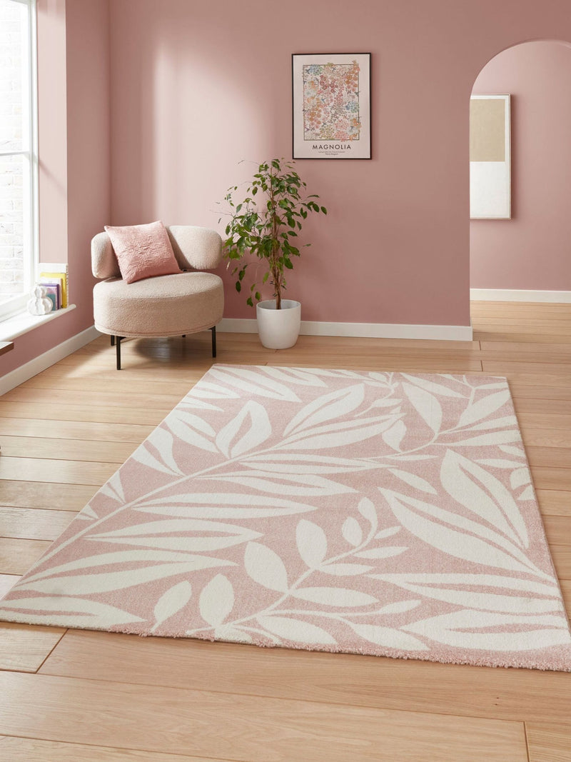 Catherine Lansfield pink sorral leaves botanical rug, UK version