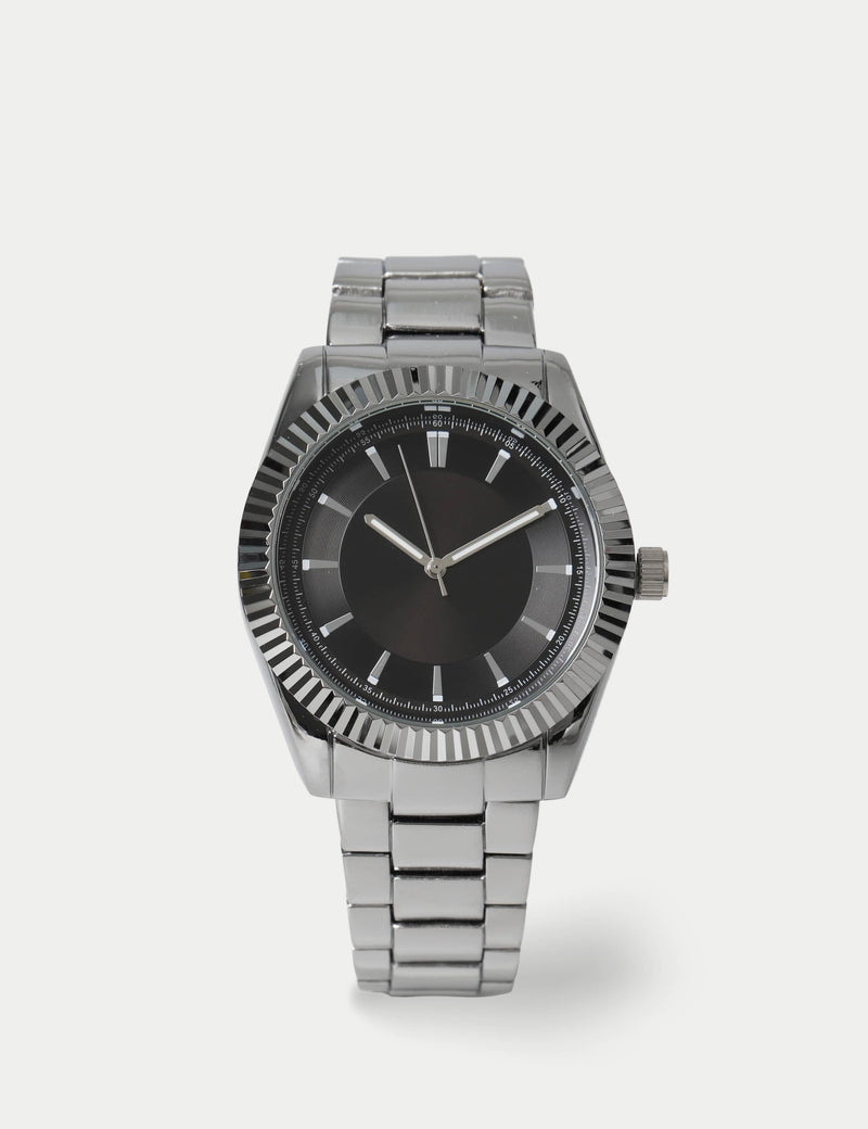 Faceted bezel steel black dial watch, UK version