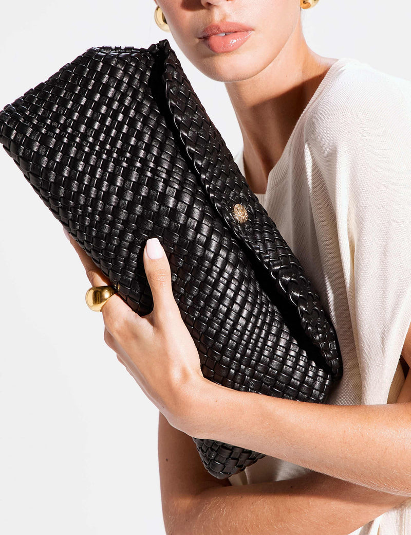 Dune London faux leather woven clutch bag, UK version