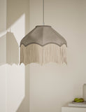 Fringed velvet lamp shade with braided tassel trim, imported from the UK
