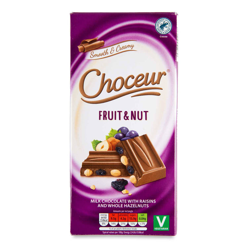 Milk chocolate with raisins and whole hazelnuts, imported from the UK