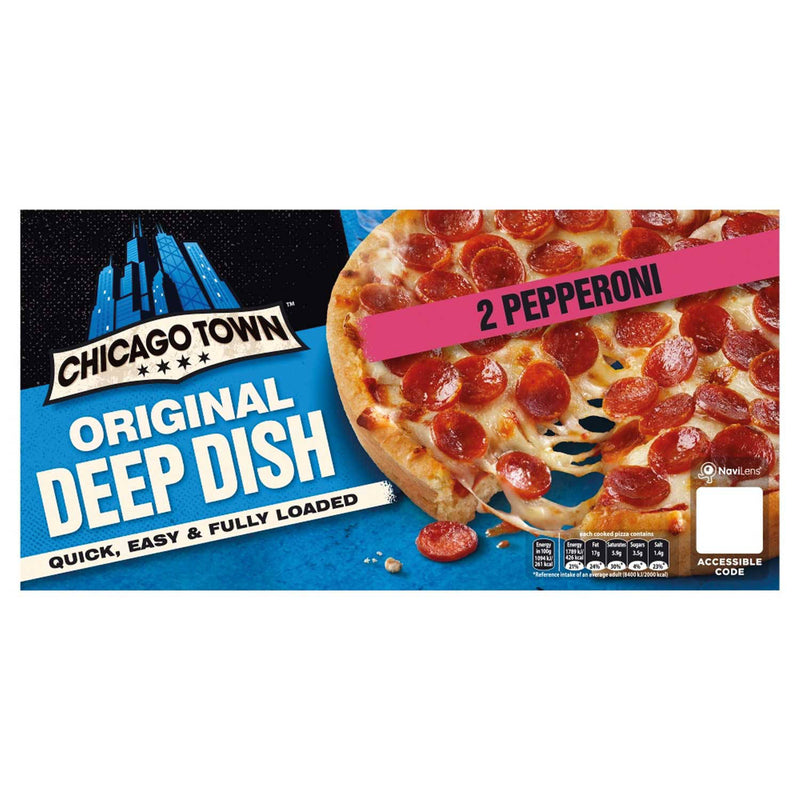 Chicago Town deep dish pepperoni pizza 2 pack, imported from the UK