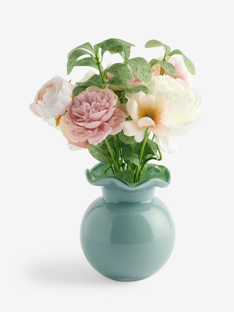 Pink white artificial floral arrangement frill glass vase 32cm - British product