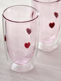 Double walled tumbler glasses with pink hearts, set of 2, imported from the UK