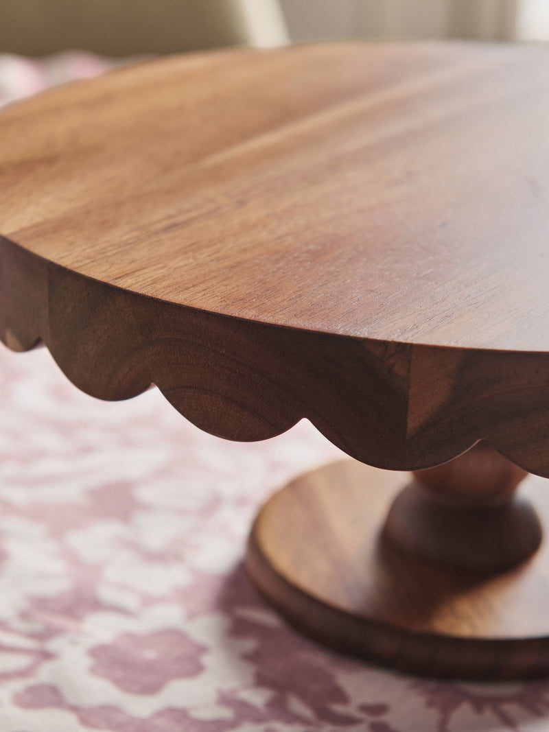 Natural wood scalloped edge cake stand, Acacia wood, imported from the UK
