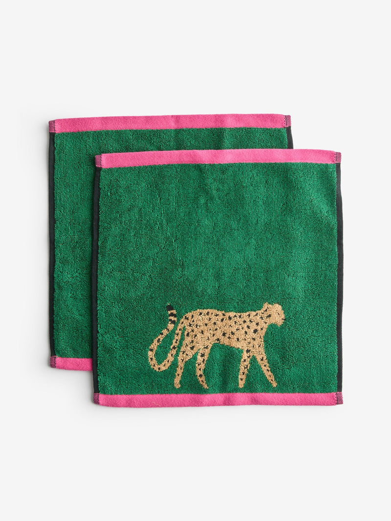 Green cheetah print cotton face cloths set of 2 30cm, UK version