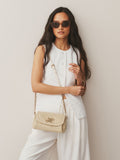Raffia effect cross-body bag with gold clasp (British brand)