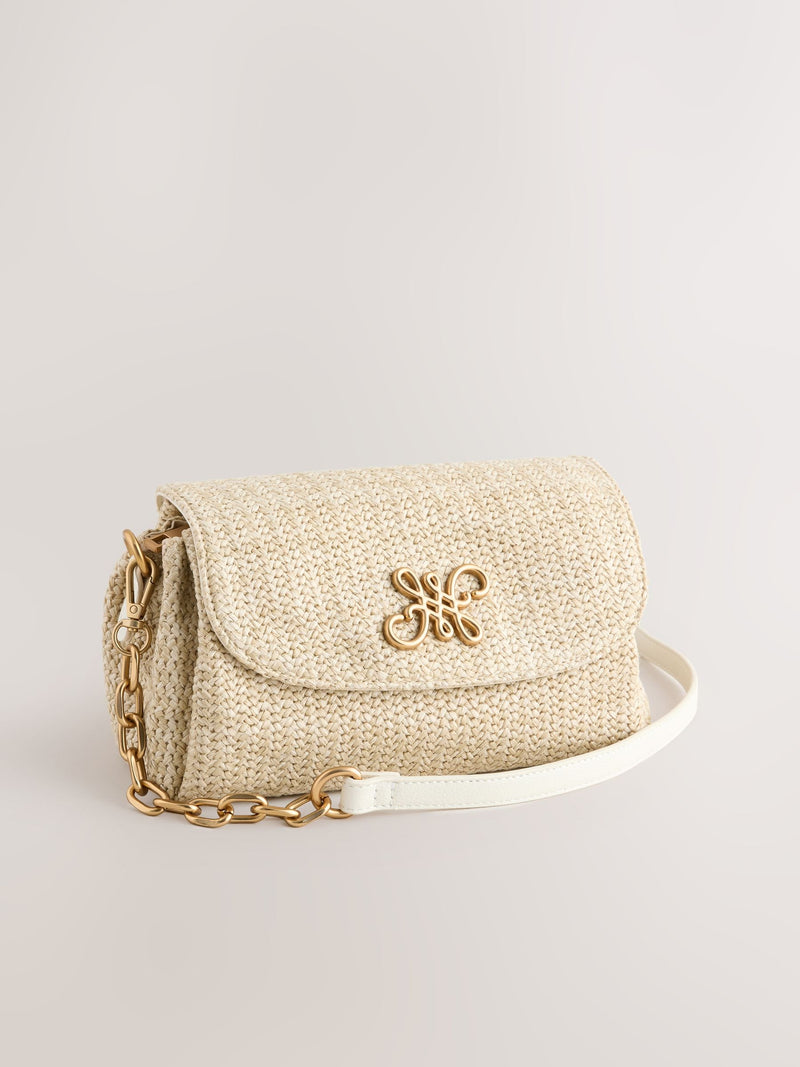 Raffia effect cross-body bag with gold clasp (British brand)