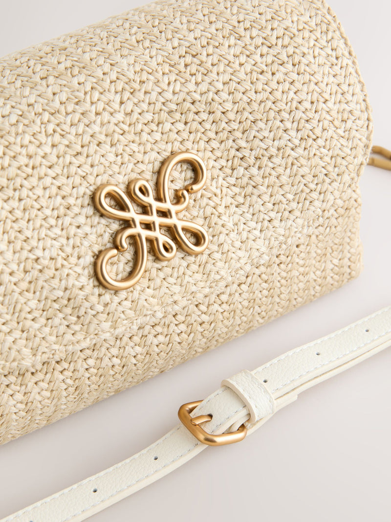 Raffia effect cross-body bag with gold clasp (British brand)