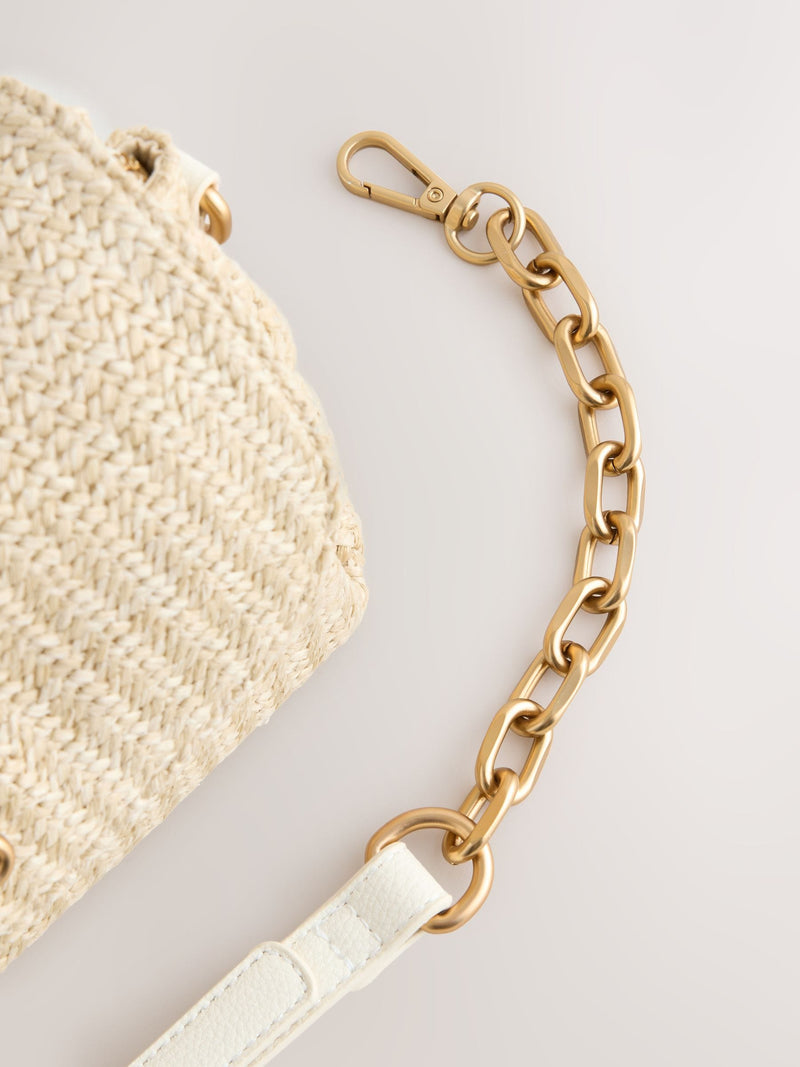 Raffia effect cross-body bag with gold clasp (British brand)