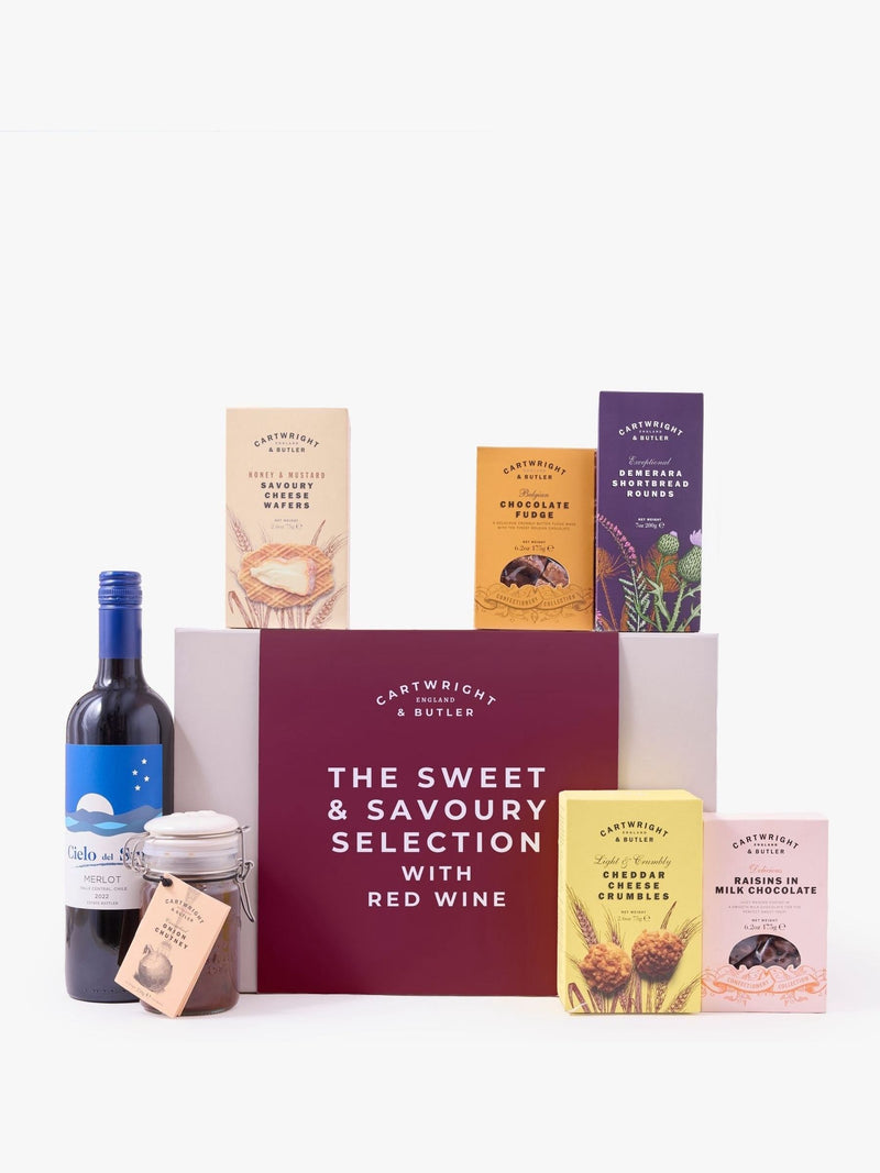 Cartwright & Butler sweet and savoury gift box with red wine - British product