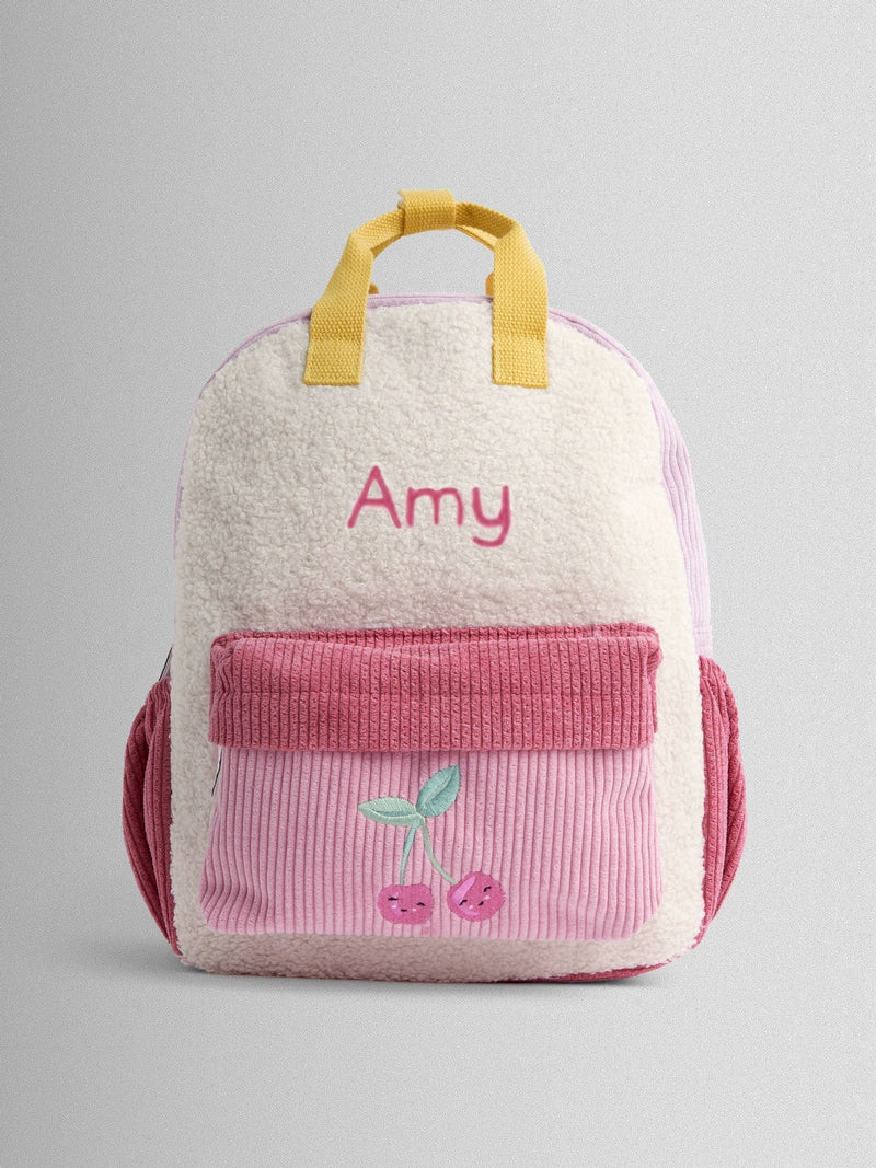 JoJo Maman Bébé pink borg backpack with cherry appliqué (British brand)