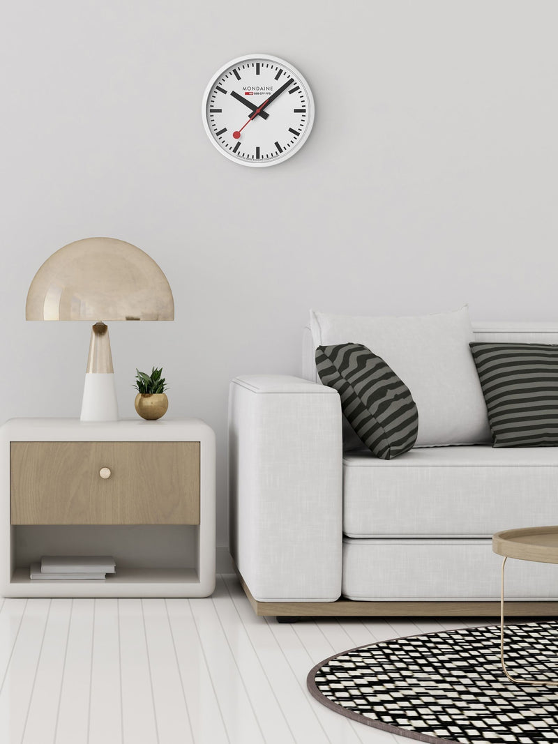 Mondaine white wall clock 25cm frame, imported from the UK