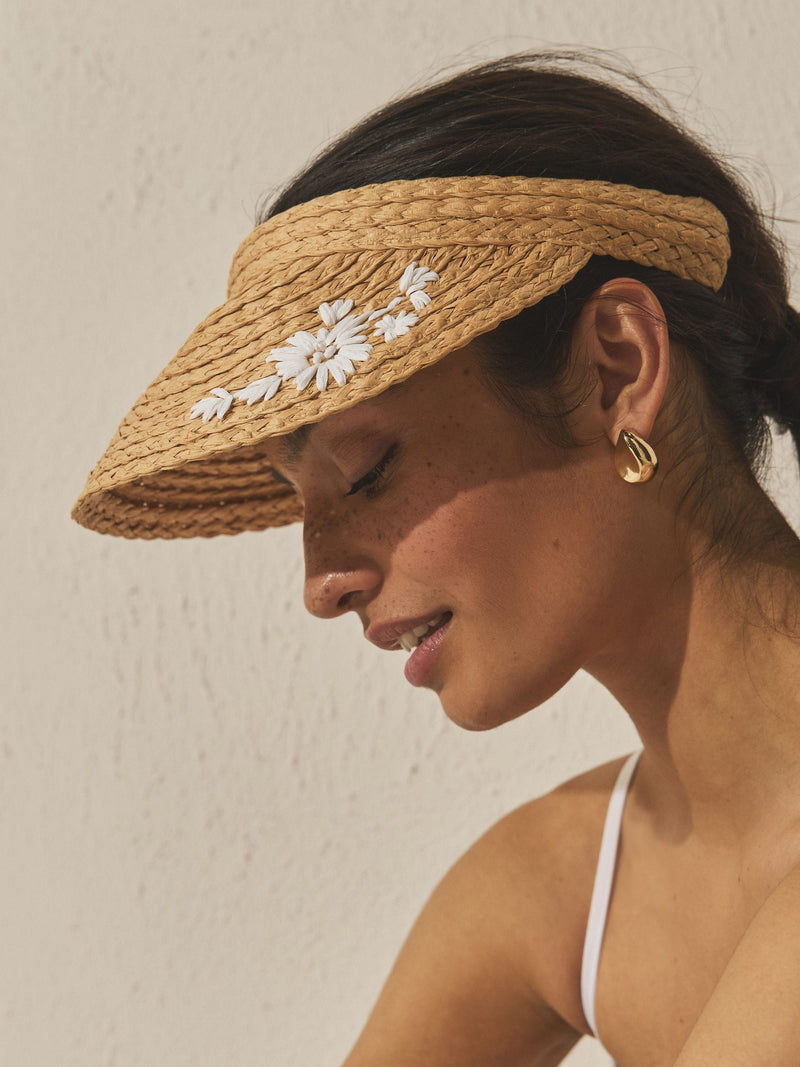 Natural raffia visor hat with floral embroidery (British brand)